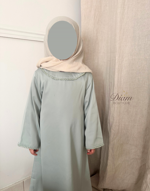 Abaya satin col rond perlée – Adultes & Enfants- Mère-Fille | Élégante et raffinée