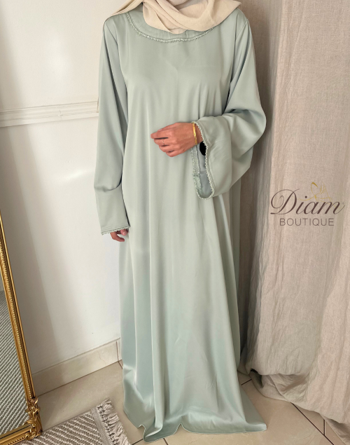 Abaya satin col rond perlée – Adultes & Enfants Mère Fille | Élégante et raffinée