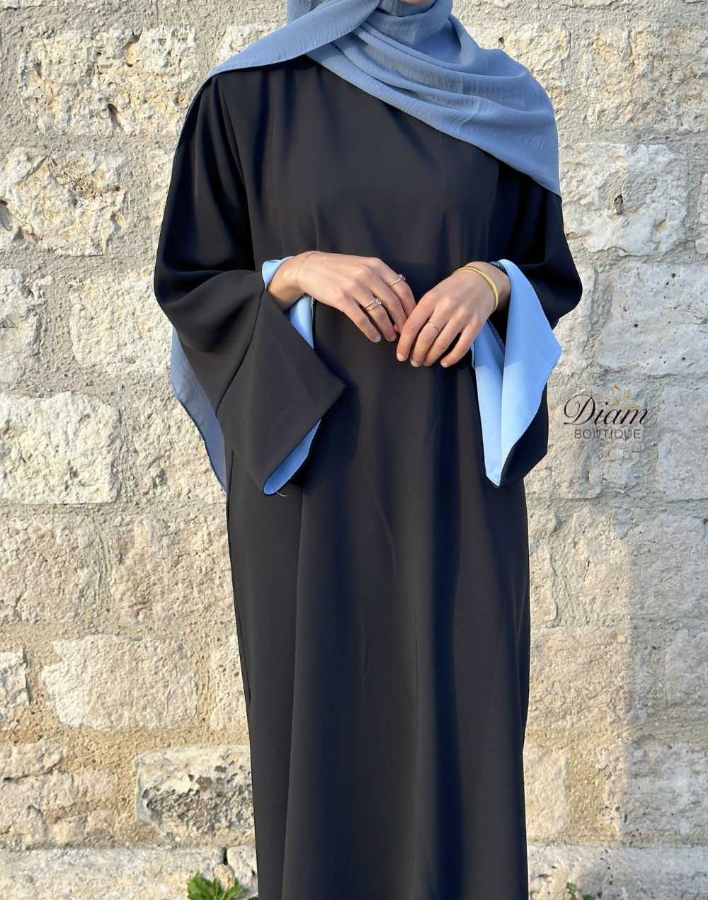 Abaya Crêpe Noir Bi-Color – Manches Fente