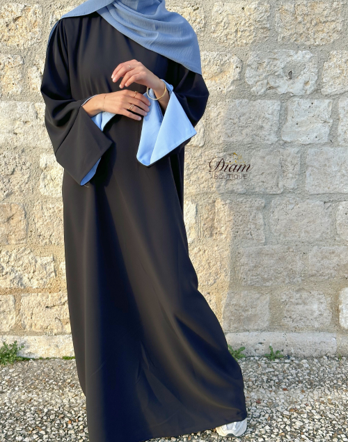 Abaya Crêpe Noir Bi-Color – Manches Fente