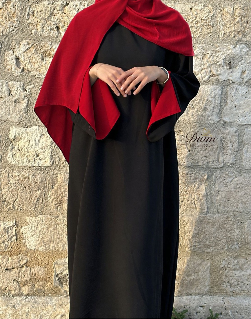 Abaya Crêpe Noir Bi-Color – Manches Fente