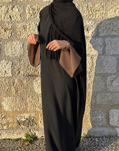 Abaya Crêpe Noir Bi-Color – Manches Fente